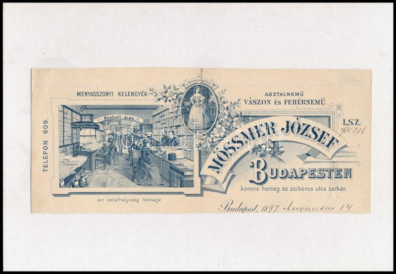 1897 Bp., Mössmer József menyasszonyi kelengyék vászon és fehérnemű üzlet fejléces számla fejléces kartonra ragasztva, hajtott