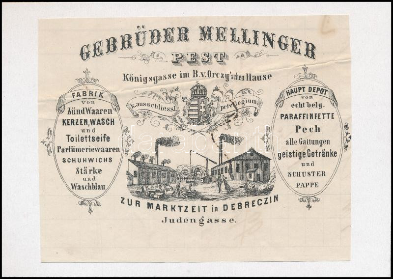 cca 1860 Gebrüder Mellinger - Illatszerek, parfümök, szappanok, stb. árusítása Pesten és Debrecenben számla fejléces kartonra ragasztva