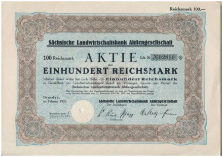 Németország / Weimari Köztársaság / Drezda 1926. 'Szász Mezőgazdasági Bank Részvénytársaság' részvénye 100M-ról, szárazpecséttel, lyukasztással érvénytelenítve T:I- Germany / Weimar Republic / Dresden 1926. 'Sächsische