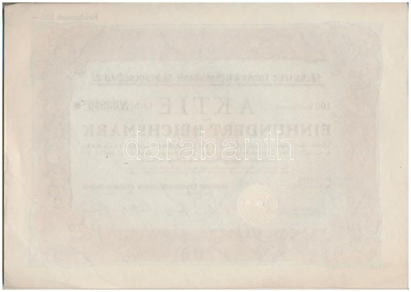 Németország / Weimari Köztársaság / Drezda 1926. 'Szász Mezőgazdasági Bank Részvénytársaság' részvénye 100M-ról, szárazpecséttel, lyukasztással érvénytelenítve T:I- Germany / Weimar Republic / Dresden 1926. 'Sächsische - Image 2