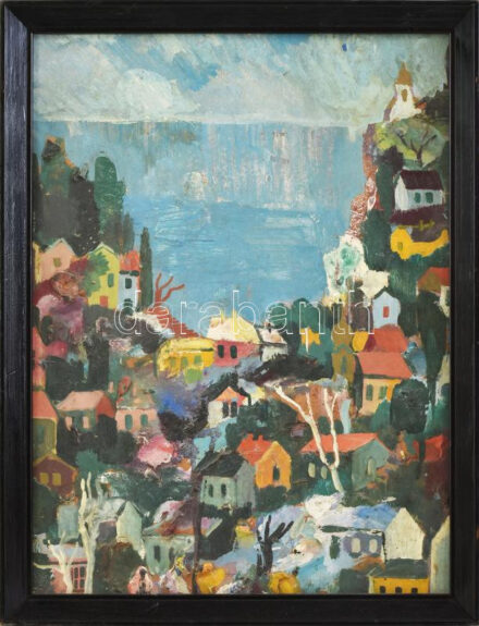 Jelzés nélkül: Mediterrán város. Olaj, farost. 40x30cm