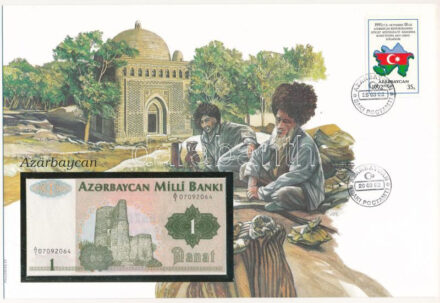 Azerbajdzsán 1992. 1M felbélyegzett borítékban, bélyegzéssel T:I Azerbaijan 1992. 1 Manat in envelope with stamp and cancellation C:UNC