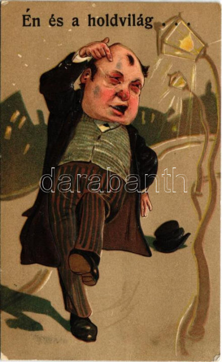 1909 Én és a holdvilág... / Drunk man at night, humour. P.F.B. Serie 6895. Emb. litho (EK)