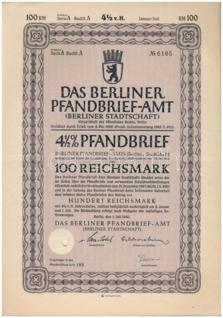 Német Harmadik Birodalom / Berlin 1940. 'Berlini Kötvényhivatal' 4 1/2%-os kötvénye 100M-ról, szárazpecséttel, lyukasztásokkal érvénytelenítve T:III German Third Reich / Berlin 1940. 'Das Berliner Pfandbrief-Amt' 4 1/2% bond about 100