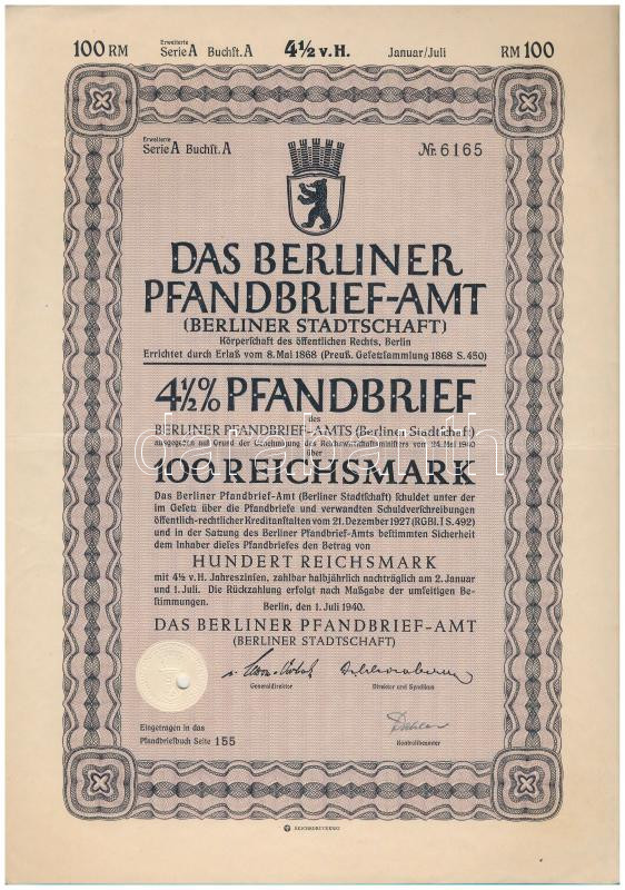 Német Harmadik Birodalom / Berlin 1940. 'Berlini Kötvényhivatal' 4 1/2%-os kötvénye 100M-ról, szárazpecséttel, lyukasztásokkal érvénytelenítve T:III German Third Reich / Berlin 1940. 'Das Berliner Pfandbrief-Amt' 4 1/2% bond about 100