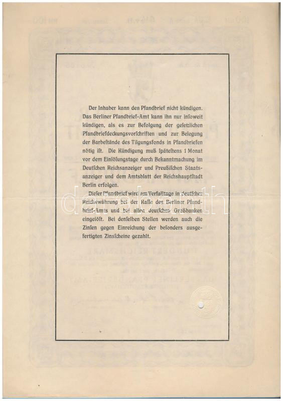 Német Harmadik Birodalom / Berlin 1940. 'Berlini Kötvényhivatal' 4 1/2%-os kötvénye 100M-ról, szárazpecséttel, lyukasztásokkal érvénytelenítve T:III German Third Reich / Berlin 1940. 'Das Berliner Pfandbrief-Amt' 4 1/2% bond about 100 - Image 2
