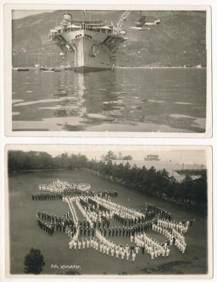 1929 Királyi Jugoszláv Haditengerészet, anyahajó hidroplánnal, matróz ünnepség - 2db eredeti fotó / Kraljevska mornarica / Royal Yugoslav Navy, mother ship with seaplane, hydroplane, mariner festival. Foto Laforest, Hercegnovi - 2 original
