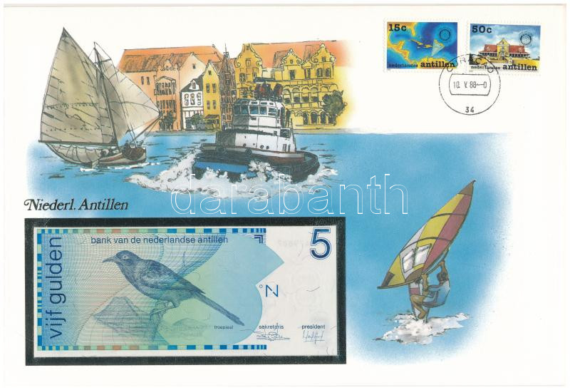 Holland-Antillák 1986. 5G borítékban, alkalmi bélyeggel és bélyegzéssel T:I Netherlands Antilles 1986. 5 Gulden in envelope with stamps and cancellations C:UNC