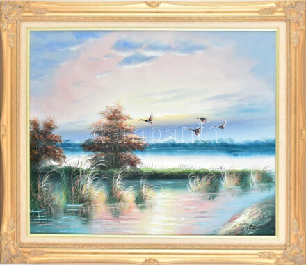 Patrick jelzéssel: Vadkacsák. Olaj, vászon. Dekoratív fakeretben. 50,5x61 cm