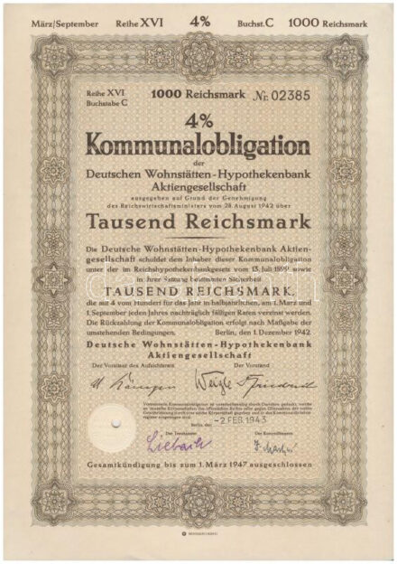 Német Harmadik Birodalom / Berlin 1943. 'Német Lakossági Jelzálogbank Részvénytársaság' 4%-os közösségi kötvénye 1000M-ról, szárazpecséttel, lyukasztással érvénytelenítve T:I- German Third Reich / Berlin 1943. 'Detuschen