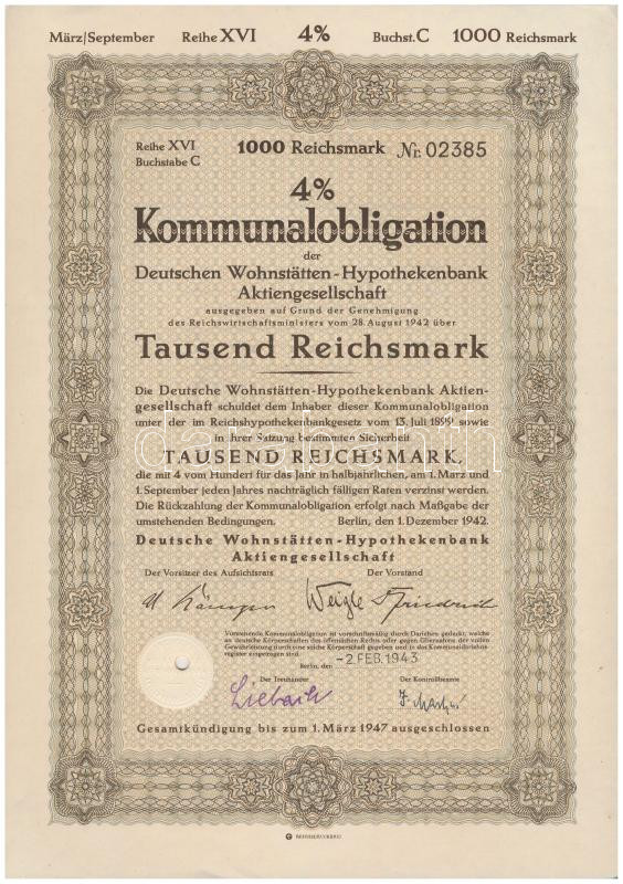 Német Harmadik Birodalom / Berlin 1943. 'Német Lakossági Jelzálogbank Részvénytársaság' 4%-os közösségi kötvénye 1000M-ról, szárazpecséttel, lyukasztással érvénytelenítve T:I- German Third Reich / Berlin 1943. 'Detuschen