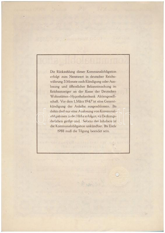 Német Harmadik Birodalom / Berlin 1943. 'Német Lakossági Jelzálogbank Részvénytársaság' 4%-os közösségi kötvénye 1000M-ról, szárazpecséttel, lyukasztással érvénytelenítve T:I- German Third Reich / Berlin 1943. 'Detuschen - Image 2