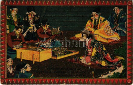 Kawoyo-Gozen examining the Helmet before the Tsurugaoka- Hachiman Shrine / Japán folklór. Art Nouveau, litho