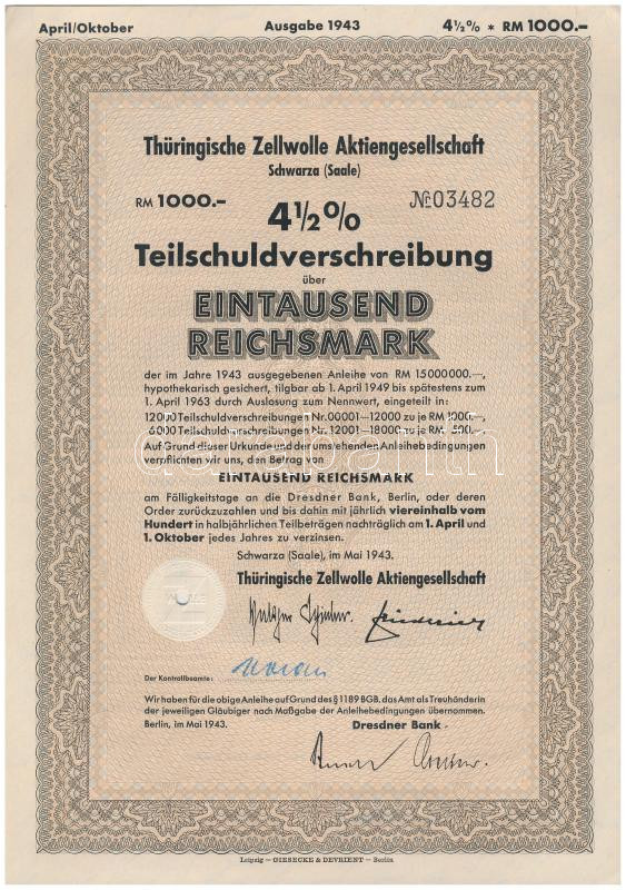 Német Harmadik Birodalom / Schwarza (Saale) 1943. 'Thüringiai Műselyem Részvénytársaság Schwarza (Saale)' 4 1/2%-os záloglevele 1000M-ról, szárazpecséttel, szelvényekkel T:I- German Third Reich / Schwarza (Saale) 1943. 'Thüringische