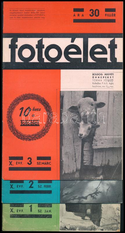 1940 Foto Élet. X. évf. 1-12. sz. Teljes évfolyam. Gazdag képanyaggal illusztrált, közte Gink Károly, Csörgeő Tibor, Homoki Nagy István és mások fotóival. Korabeli reklámokkal. A borítókon kopásnyomokkal. Papírmappában