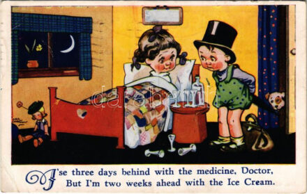 1937 'Three days behind with de medicine, Doctor, but I'm two weeks ahead with the ice cream' children art postcard, humour. H.B. Ltd. No. 4389. (EB)