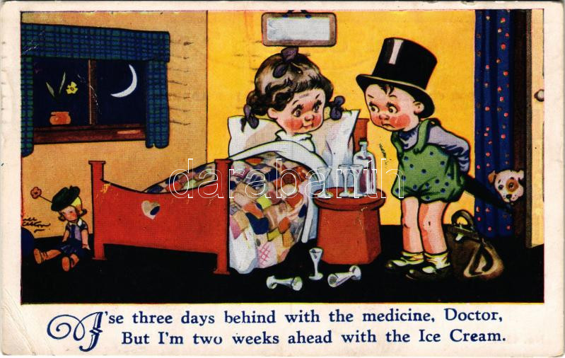 1937 'Three days behind with de medicine, Doctor, but I'm two weeks ahead with the ice cream' children art postcard, humour. H.B. Ltd. No. 4389. (EB)