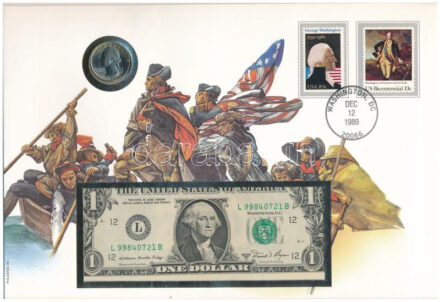 Amerikai Egyesült Államok 1981. 1$ bankjegy + 1976 25c Cu- Ni érme felbélyegzett borítékban, bélyegzéssel T:I USA 1981. 1 Dollar 3 1976 25 cent Cu- Ni coin in envelope with stamp and cancellation C:UNC