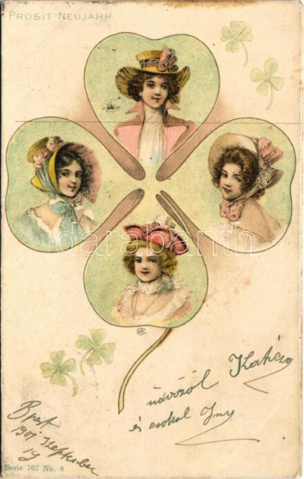 1901 Prosit Neujahr! / New Year greeting art postcard, lady, clover. Serie 707. No. 4. Art Nouveau, litho (ragasztónyom / glue mark)
