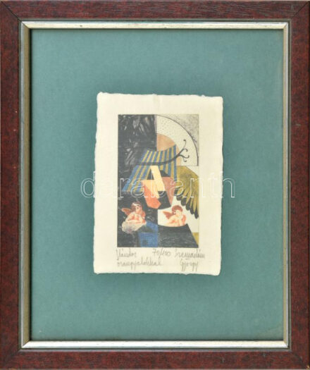 Szemadám György (1947-): Vándor őrangyalokkal. Computer print, papír, jelzett, számozott (70/100). 10,5×7 cm. Üvegezett fakeretben.