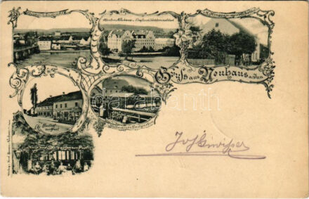 1903 Neuhaus am Inn, Kloster Neuhaus u. Englischtöchterinstitut, M. Kingsammer's Gasthaus, Gasthof zur Post, Hellmaier's Gastgarten, Halle und Gastgarten zur Post / general view, nunnery, inn, restaurant, garden. Art Nouveau, floral (EB)