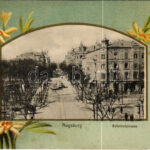 1907 Augsburg, Bahnhofstrasse / street view, trams. Verlag C. Holfelder & Cie. Art Nouveau, litho frame (EK)