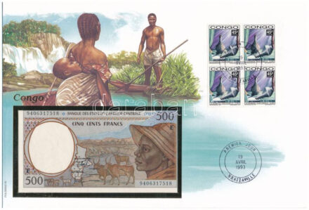 Közép-Afrika / Kongó bankjegyes pecsételt és bélyeges boríték benne Kamerun 1993-2002. 500Fr T:I Central Africa / Congo sealed envelope with stamp and cancellation, in it Cameroon 1993-2002. 500 Francs C:UNC