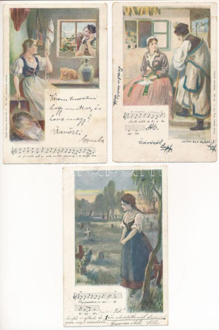 3 db RÉGI hosszú címzéses magyar népviseletes képeslap kottával / 3 pre-1902 Hungarian folklore postcards with music sheets (Walter Haertel)