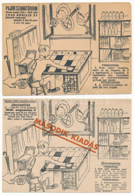 Grätzer József és neje sz. Herzog Nóra gyerekeinek születési értesítője - 2 db humoros reklám képeslap / 2 humorous Hungarian birth certificate postcards
