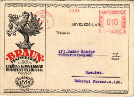 1932 Braun Testvérek Likőr és Konyakgyár reklámlapja. Hátoldalon megrendelőlap. Budapest VIII. Üllői út 60. / Hungarian Liqueur and Cognac Factory advertisement, order form on the backside (EK)