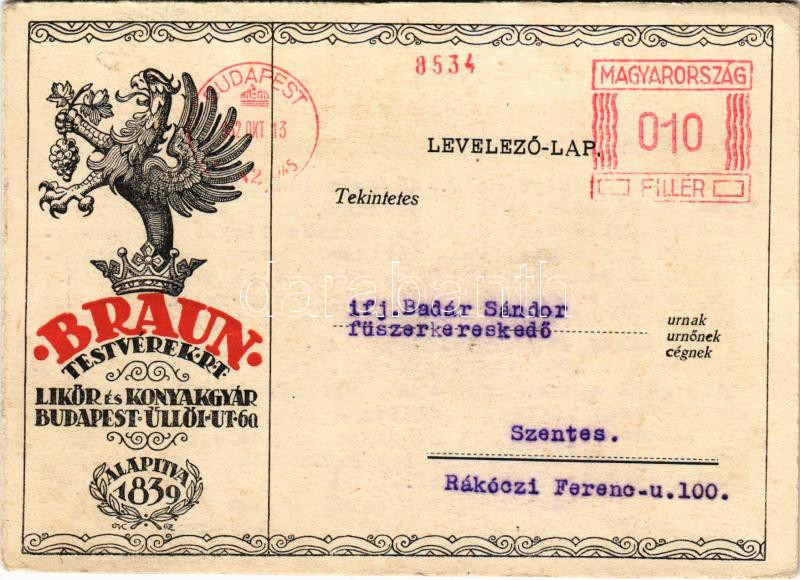 1932 Braun Testvérek Likőr és Konyakgyár reklámlapja. Hátoldalon megrendelőlap. Budapest VIII. Üllői út 60. / Hungarian Liqueur and Cognac Factory advertisement, order form on the backside (EK)