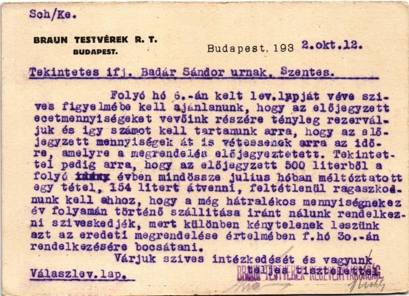 1932 Braun Testvérek Likőr és Konyakgyár reklámlapja. Hátoldalon megrendelőlap. Budapest VIII. Üllői út 60. / Hungarian Liqueur and Cognac Factory advertisement, order form on the backside (EK) - Image 2