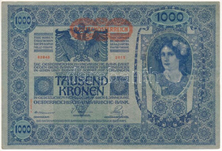 Ausztria 1902. 1000K '82846', piros 'Deutschösterreich' felülbélyegzéssel, rajzos hátoldal T:III szép papír Austria 1902. 1000K '82846', red 'Deutschösterreich' overstamp, illustrated back T:III fine paper Krause KK# 115