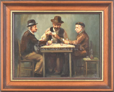 Urbán Gábor (1946-): Kártyázók. Olaj, farost, jelzett, dekoratív fakeretben, 30x40cm