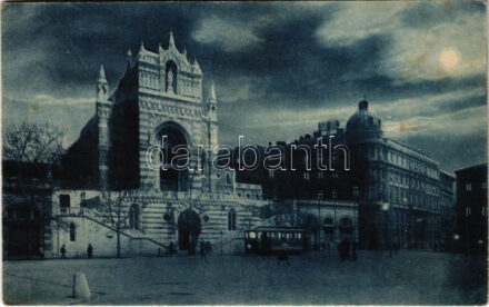 1924 Fiume, Rijeka; Piazza C. Battisti e Chiesa dei Cappuccini (notturno) / templom és tér este, villamos / church and square at night, tram