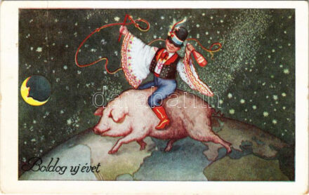 1941 Boldog új évet! magyar fiú malacháton / New Year greeting, Hungarian folk boy on pigback (fa)