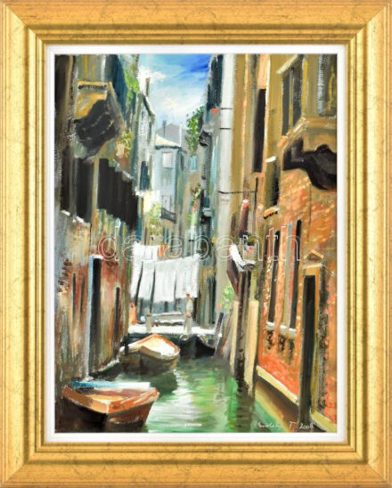 Erdélyi Tibor (1961-): Velencei délután. Olaj, farost. Jelzett. 40x30 cm. Dekoratív fakeretben.