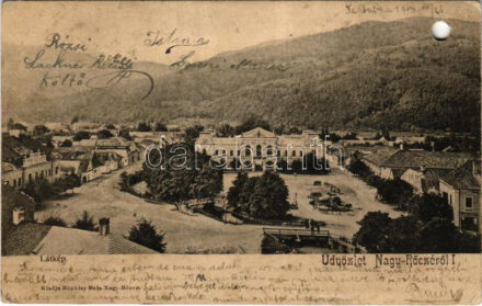 1903 Nagyrőce, Nagy-Rőcze, Gross-Rauschenbach, Velká Revúca; látkép, Fő tér, vendéglő, piac. Büchler Béla kiadása / general view, main square, restaurant, market (lyukasztott / punched hole)