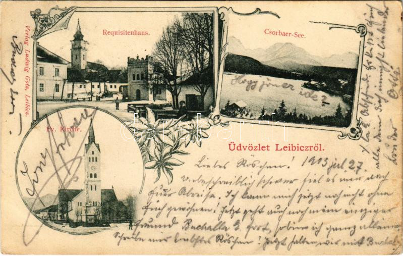 1903 Leibic, Leibicz, Leibitz, Lubica; Tűzoltószertár, Evangélikus templom, Csorba-tó télen. Kiadja Ludwig Götz / Requisitenhaus, Ev. Kirche, Csorbaer-See / firefighter depot, fire station, Lutheran church, Strbské pleso lake in winter. Art