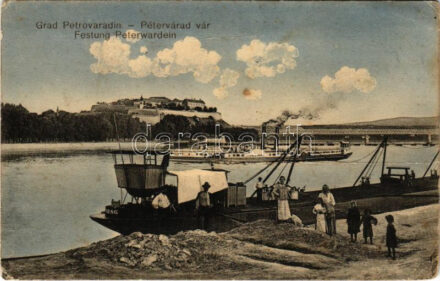 Újvidék, Novi Sad; Pétervárad vára, uszály, gőzös / Petrovaradin / castle, barge, steamship + 'K.u.k. Infanterieregiment Alfons XIII. König von Spanien Nr. 38.' (fa)