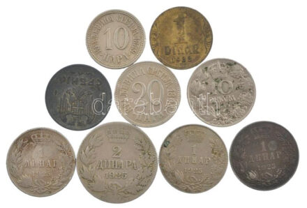 Szerbia 1883. 10p Cu-Ni + 1884. 20p Cu-Ni + Szerb-Horvát-Szlovén Királyság 1925. 1D Cu-Ni 'I. Sándor' (3x) + 2D Cu-Ni 'I. Sándor' + Jugoszlávia 1938. 1D sárgaréz + 10D Ni 'II. Péter' + Szerbia 1942. 2D Zn T:2-3 Serbia 1883. 10 Para Cu-Ni