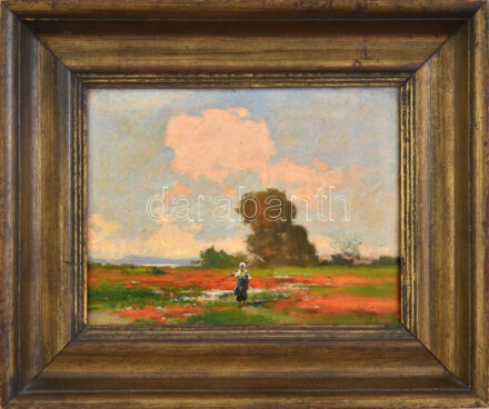 Neogrády Antal (1944-): Hölgy a pipacsmezőn. Olaj, fa, jelezve jobbra lent, fakeretben, 20x27 cm