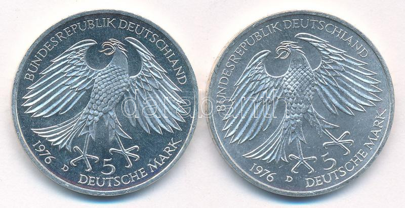 NSZK 1976D 5M (2x) Ag 'Grimmelhausen halálának 300. évfordulója' T:1-,2 FRG 1976D 5 Mark (2x) Ag '300th Anniversary - Death of Grimmelhausen' C:AU,XF Krause KM#144 - Image 2