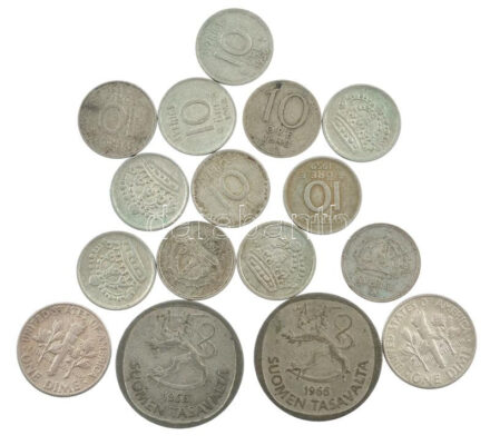 Vegyes: Amerikai Egyesült Államok 1964. 1d Ag 'Eisenhower' (2x) + Finnország 1965-1966. 1M Ag (2xklf) + Svédország 1948-1961. 10ö Ag (12xklf) T:1--3 patina Mixed: USA 1964. 1 Dime Ag 'Eisenhower' (2x) + Finland 1965-1966. 1 Markka Ag (2xklf)