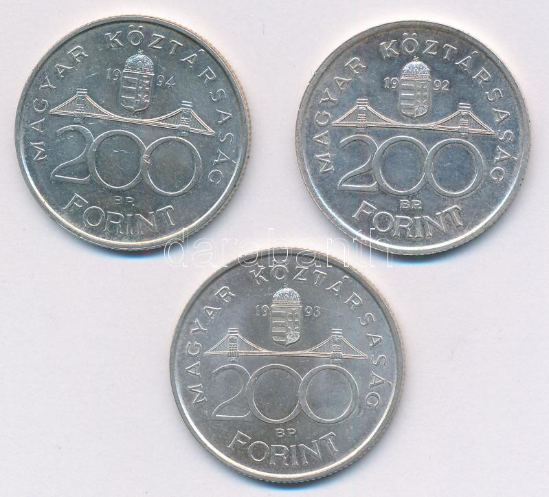 1992. 200Ft Ag 'MNB' + 1993. 200Ft Ag 'MNB' + 1994. 200Ft Ag 'Deák' T:1- Adamo F13, F13.1 - Image 2