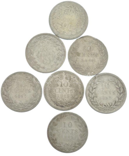 Hollandia 1897-1918. 10c Ag 'Vilma' (7db, 5xklf) T:3 patina Netherlands 1897-1918. 10 Cents Ag 'Wilhelmina' (7pcs, 5xdiff) C:F patina Krause KM#163