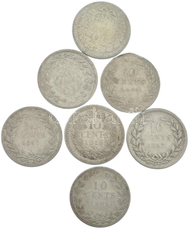 Hollandia 1897-1918. 10c Ag 'Vilma' (7db, 5xklf) T:3 patina Netherlands 1897-1918. 10 Cents Ag 'Wilhelmina' (7pcs, 5xdiff) C:F patina Krause KM#163