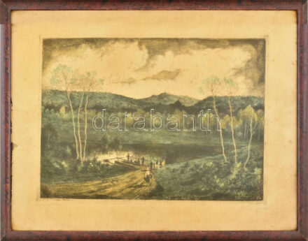 Marich Géza (1913-1985): Folyóparton. Színezett rézkarc, papír, jelzett, üvegezett fakeretben. 29×40 cm