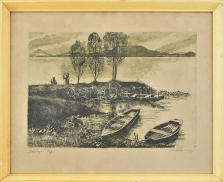 Blahos Rudolf (1917-1986): Balatonpart. Színezett rézkarc, papír, jelzett, számozott (22/100), üvegezett keretben, 28x40 cm