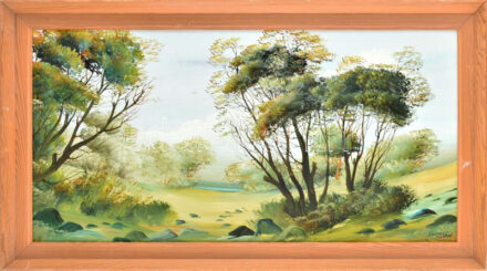 Marosán László (1955-): Nagy fák. Olaj, farost, jelzett, hátoldalán autográf felirattal. Fakeretben, 40x80 cm